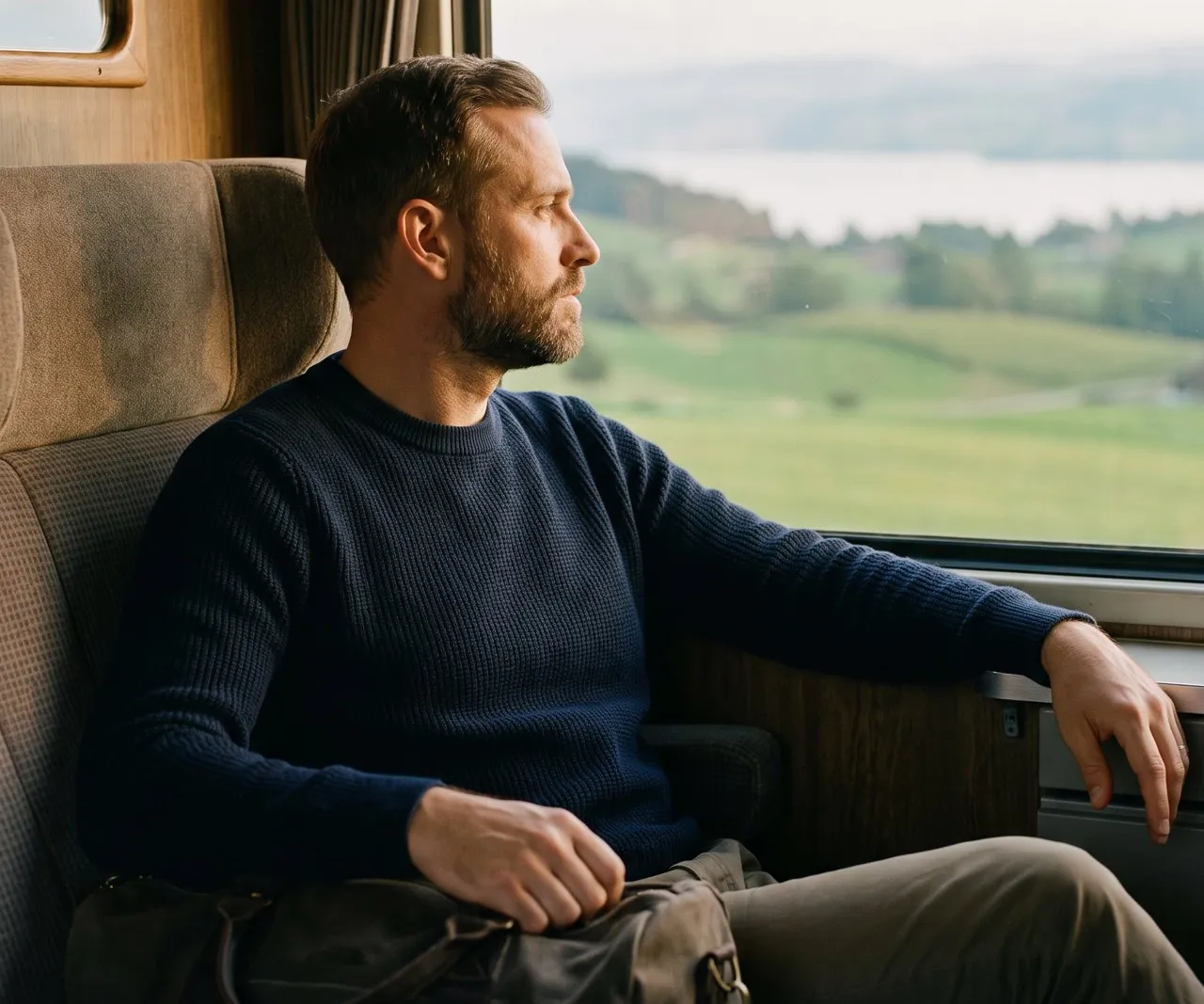 Mann mit Bart im dunkelblauen Pullover sitzt mit einer Reisetasche am Zugfenster und schaut auf grüne Hügel und einen See, weiches Nachmittagslicht