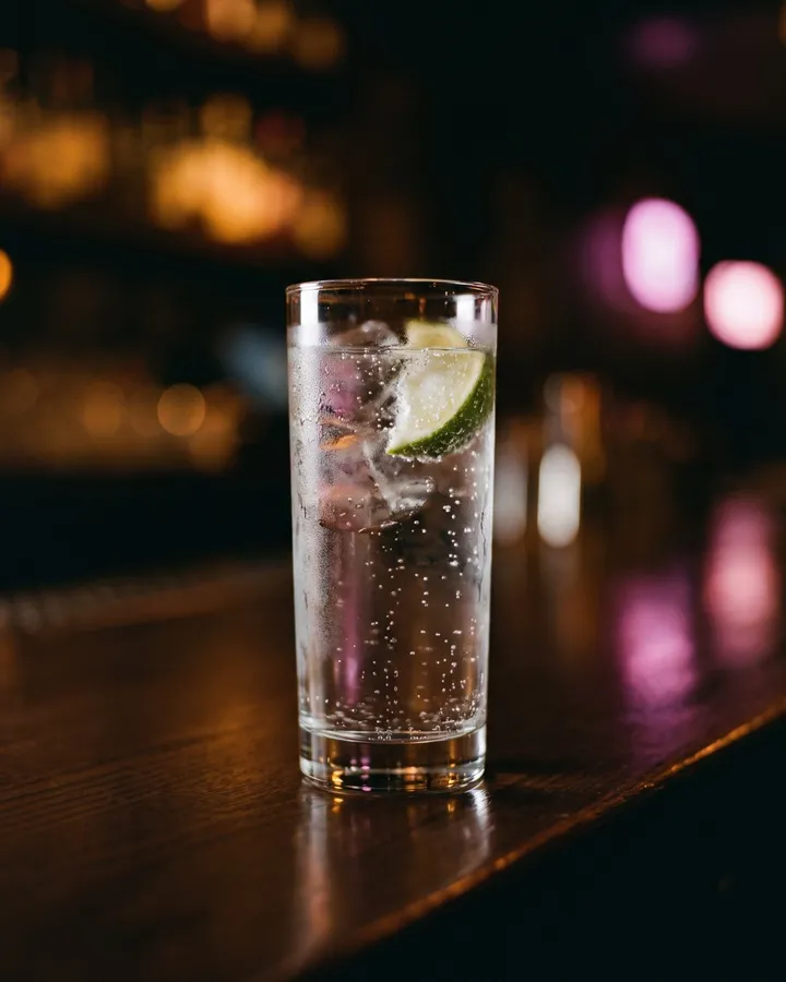 Hohes Glas Sprudelwasser mit Eis und Limettenspalte auf einem dunklen Holztresen, dahinter unscharfe bernsteinfarbene und rosa Barlichter