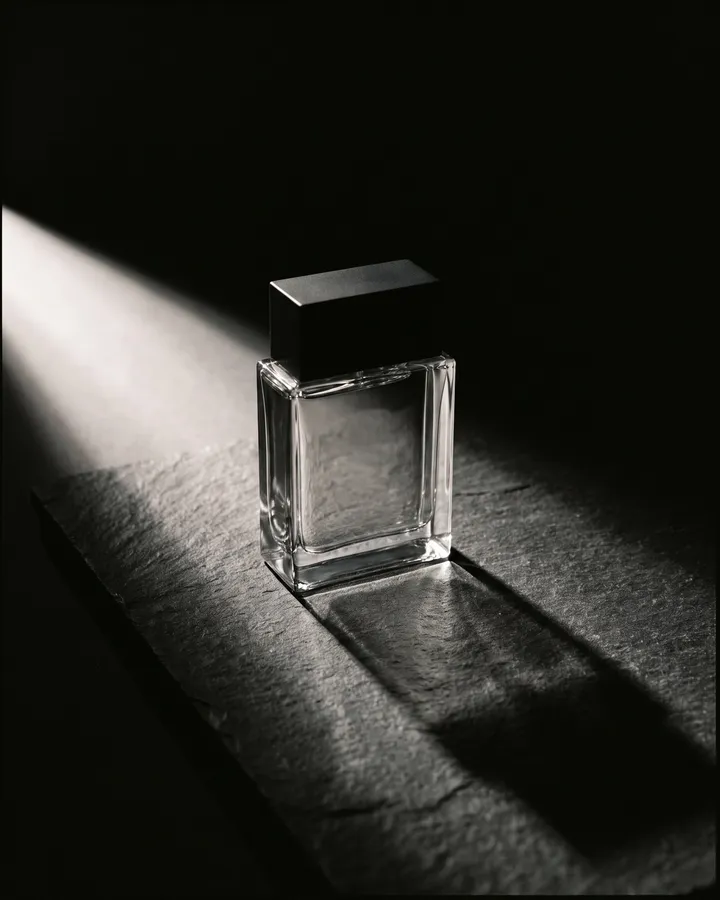 Unbeschriftete eckige Glasflasche mit schwarzer Kappe auf einer Schieferplatte, ein Lichtstreifen wirft einen langen, harten Schatten